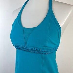 Lululemon Womens 6 Halter Tank Top Ruffle Trim Open Back Blue